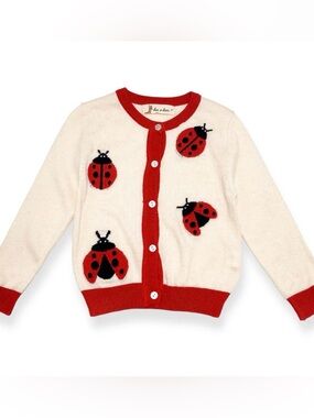NWT Doe A Dear Toddler Cream Red Ladybug Button Cardigan Sweater - Size 3